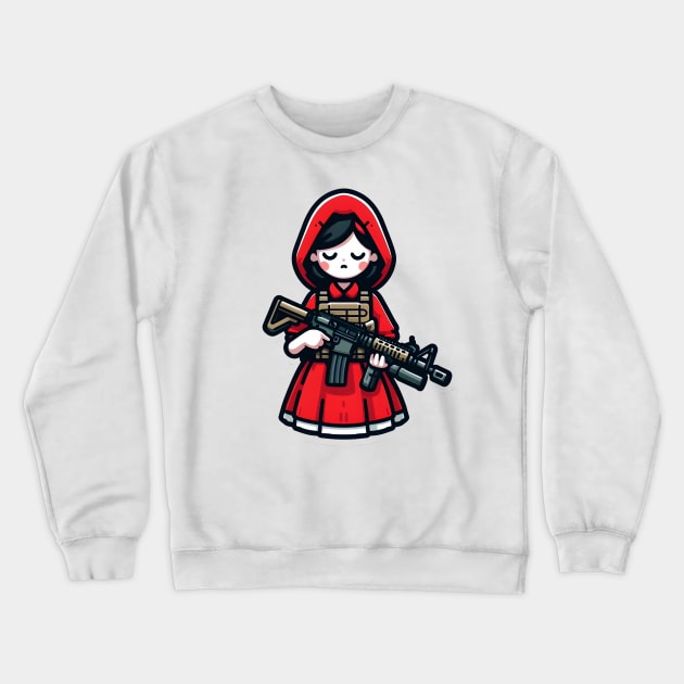 Tactical Little Red Riding Hood Adventure Tee: Where Fairytales Meet Bold Style Crewneck Sweatshirt by Rawlifegraphic